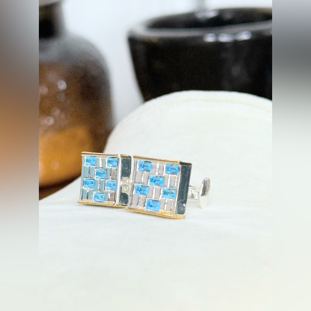Givenchy Clip On Earrings Blue Crystal Checkerboard Signed Vintage Designer - Picture 6 of 10